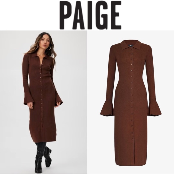 PAIGE SUNDARA SILK BLEND BROWN RIBBED KNIT LONG BELL SLEEVE COLLARED MIDI DRESS